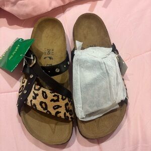 Betula Birkenstock Julie Black Leather Sandals Shoes Leopard Print Rhinestones 7